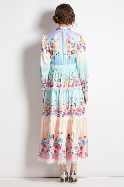 Runway Fashion Fall Enchanting Colors Two-Toned Floral Print, Bow-Neck, Lace Trim, Long Sleeve Women Tiered Ruffled Party, Cocktail, Festive Maxi Dress